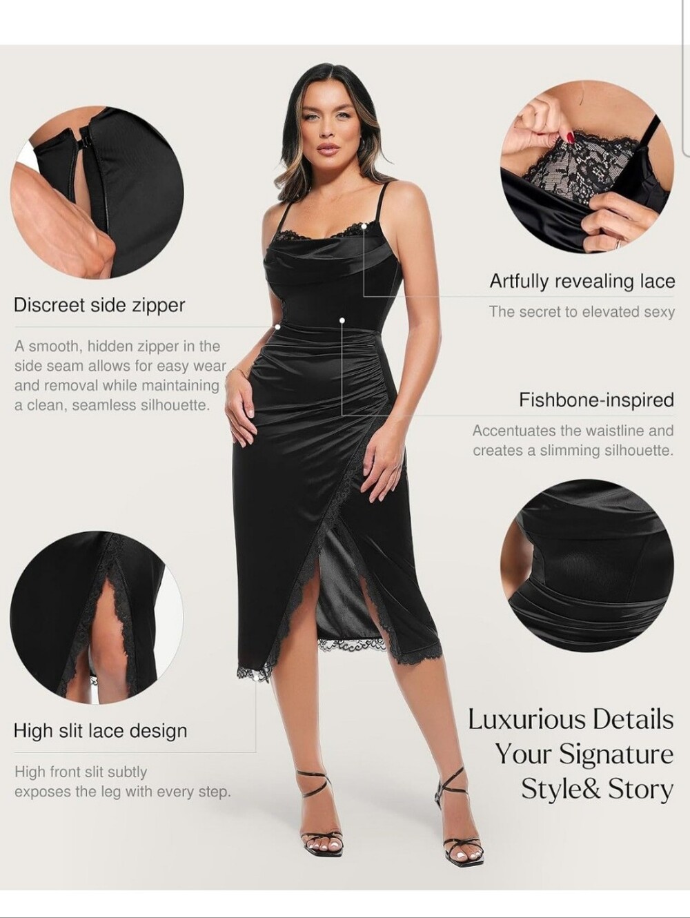 Popilush Women's Black Lace Corset Satin Ruched Cocktail Shapewear Midi Dress XL - Picture 3 of 12
